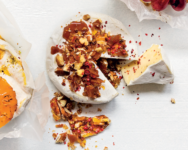 Pink-pepper-and-pecan-praline and camember