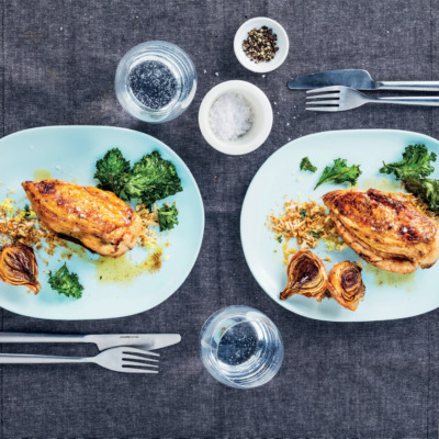 Roast chicken with lemon panko breadcrumbs and kale chips