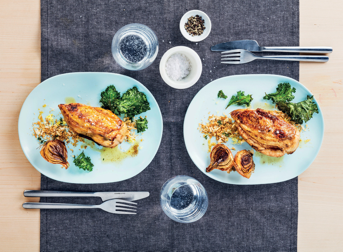 Roast chicken with lemon panko breadcrumbs and kale chips recipe