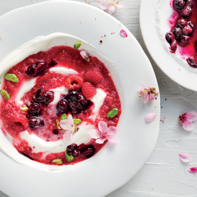 Blueberries stewed in hibiscus tea