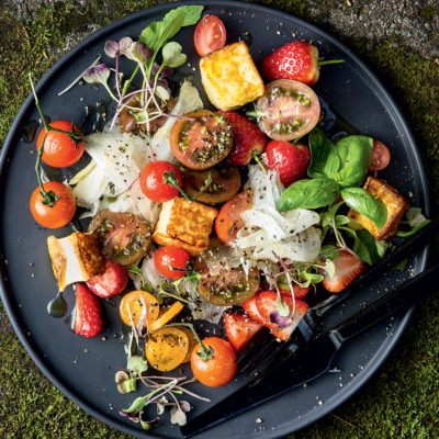 Grilled halloumi, sweet strawberry and tomato salad