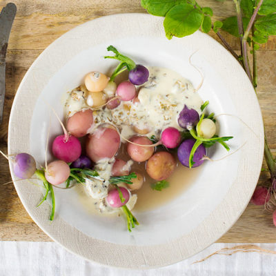 Organic baby potatoes with caper lemon cream