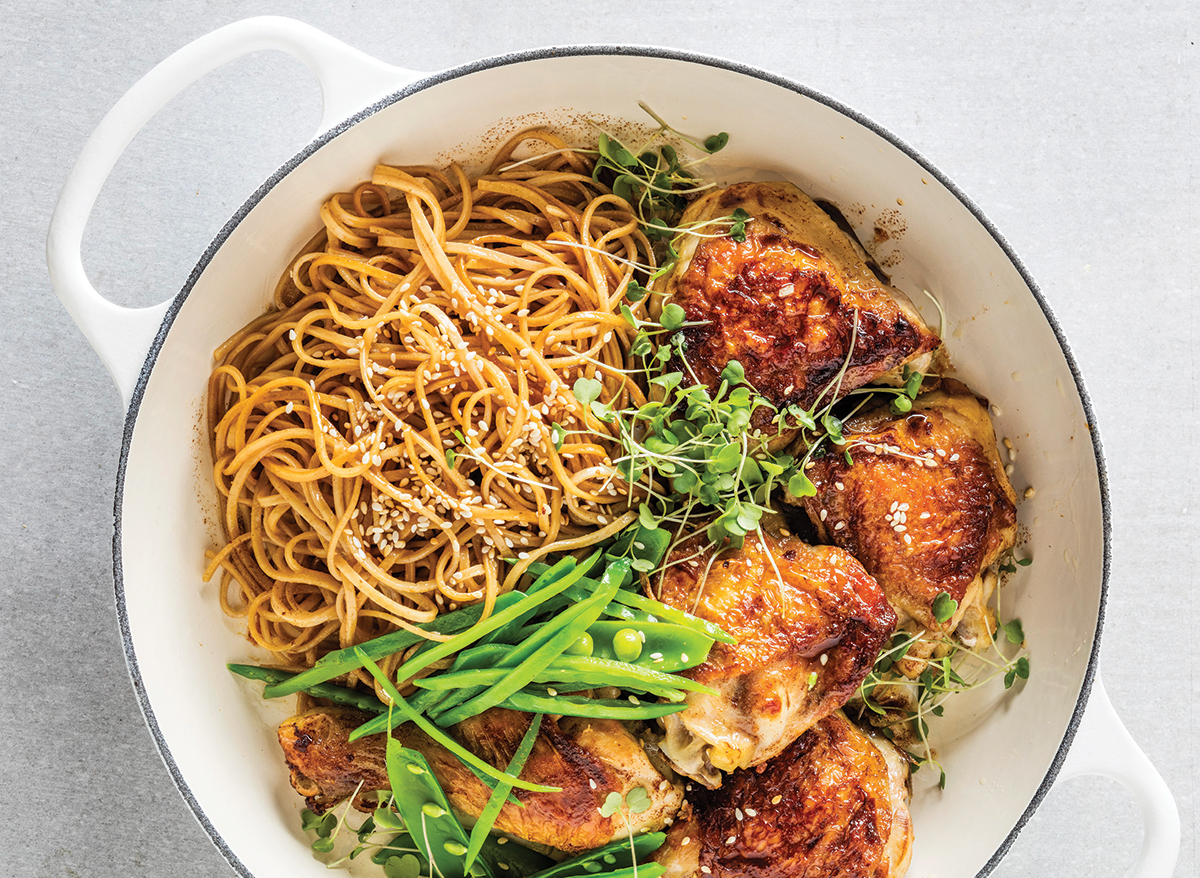 Sticky ginger chicken and crunchy greens with sesame noodles recipe