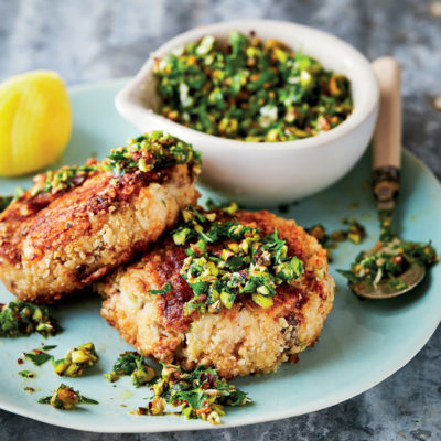 Giant cheesy fish cakes with pistachio pesto