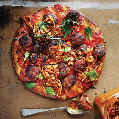 Pork meatball-and-kimchi pizza