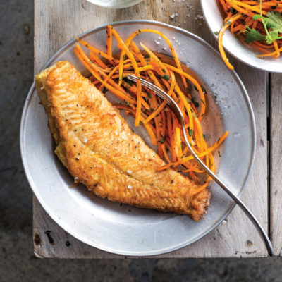 Soles with Moroccan-style raw carrot salad