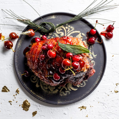 Sugared gammon with sticky cherries