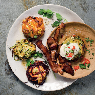 Rainbow Ricotta cakes with chipotle bacon