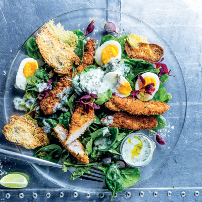 Crunchy fried chicken with buttermilk Caesar-style dressing