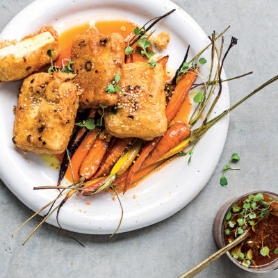 Asian carrot juice dipping sauce with crispy tofu