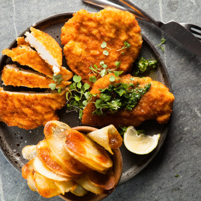 chicken-schnitzel-with-easy-sheet-potatoes-and-coriander-butter