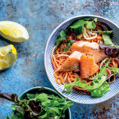 Lemon-cream trout and rainbow carrot spaghetti