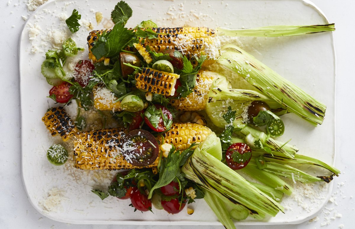 Charred corn on the cob with tomato salsa recipe