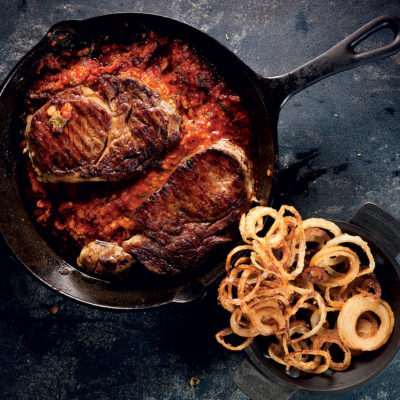 Chilli Romesco rump with onion rings