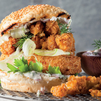 Fish-and-calamari burger with home-made tartare sauce