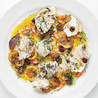 Marinated bocconcini with chilli, orange, basil and poppy seeds