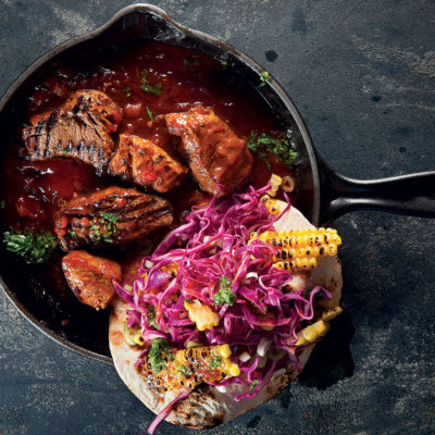 Monkeygland rump chunks with charred corn and cabbage tostadas