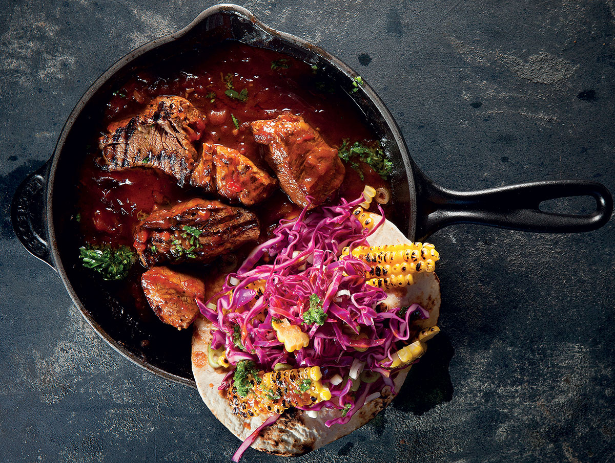 Monkeygland rump chunks with charred corn and cabbage tostadas