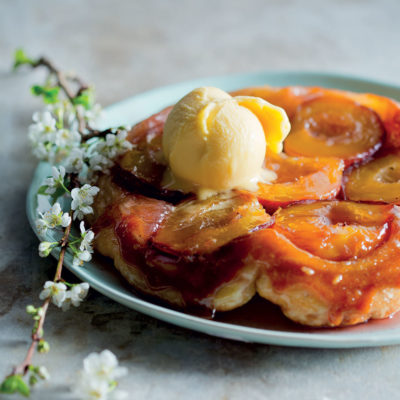 Peach tarte tatin with mango sorbet