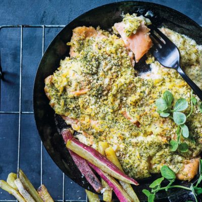 Cheat's lemon-and-dill crumbed salmon roast