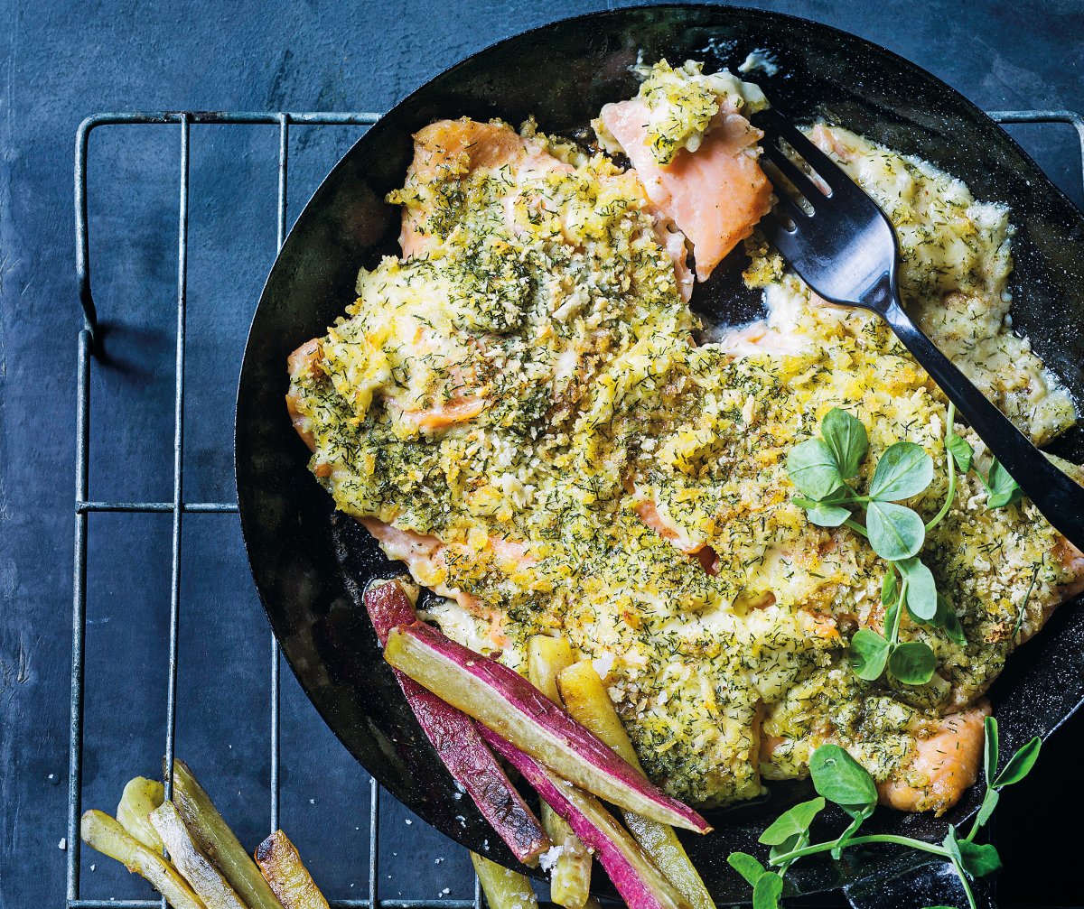 Cheat’s lemon-and-dill crumbed salmon roast recipe