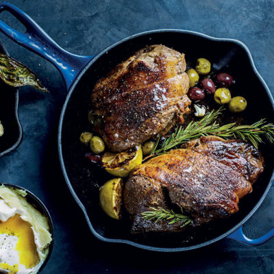 Deboned leg of lamb with turmeric sweet potato mash