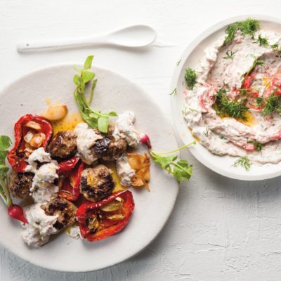 Meatballs with radish tzatziki and roast peppers