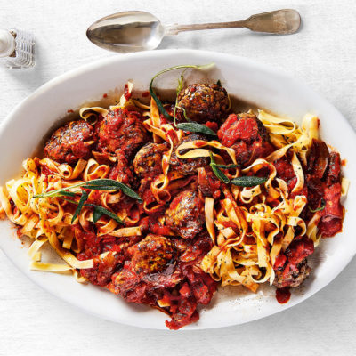 Pork meatballs and pomodoro sauce with tagliatelle