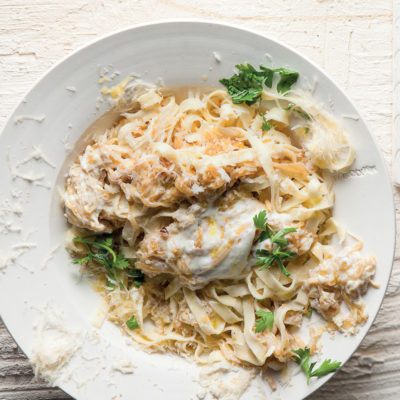 Tagliatelle with caramelised onion and yoghurt sauce