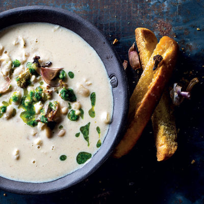 Roast cauliflower, garlic and white bean soup