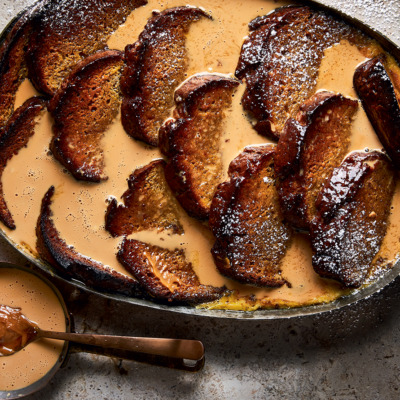 Banana bread-and-butter pudding with salted caramel sauce