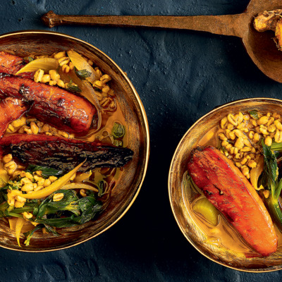 Sticky roast carrots in barley broth