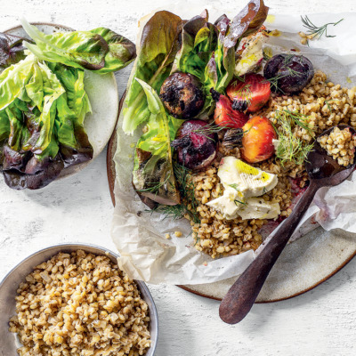 Baked barley pilau with roast beetroot and feta