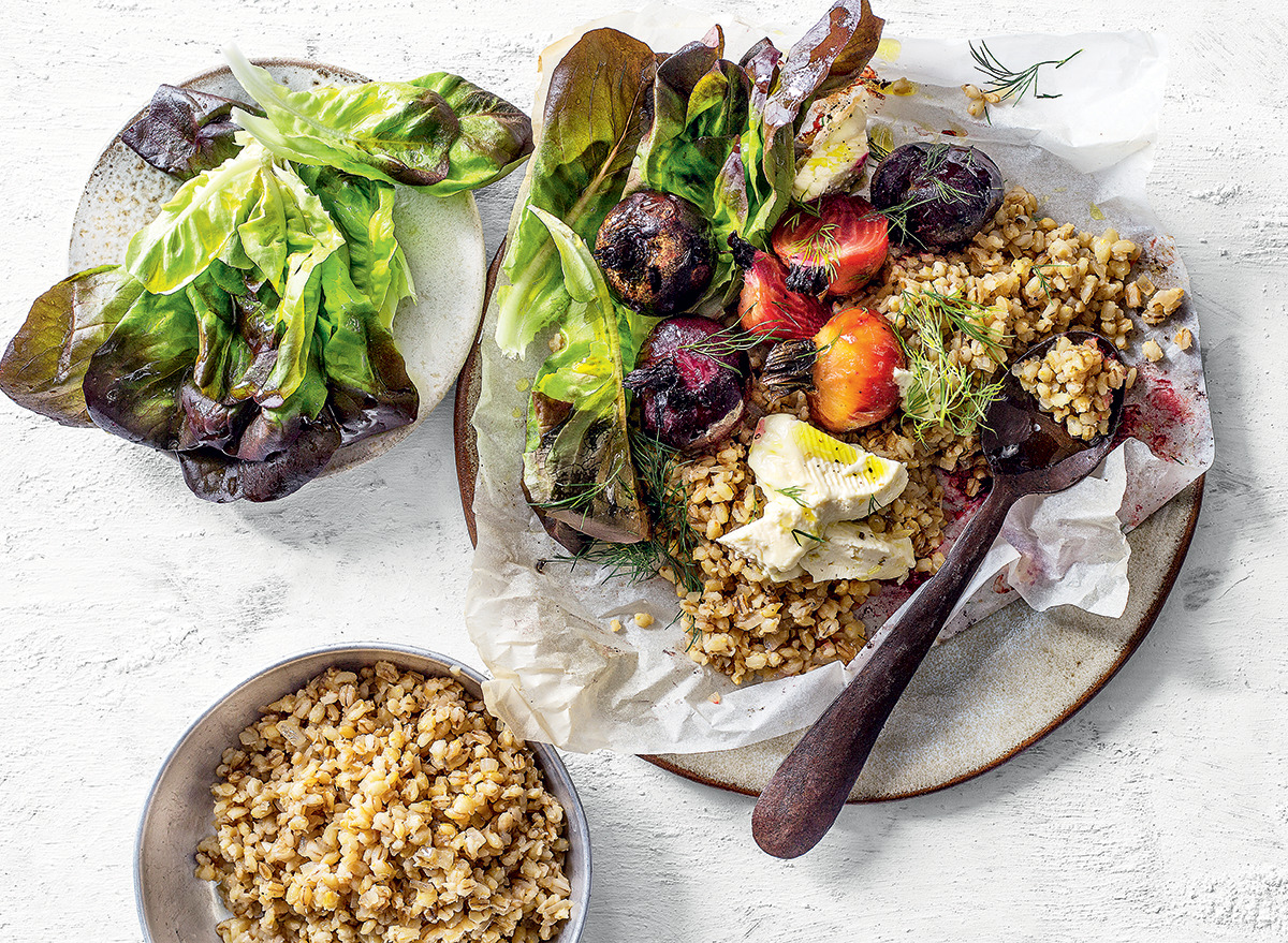 Baked barley pilau with roast beetroot and feta recipe