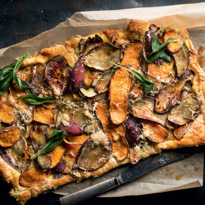 Maple-roasted potato-and-sage open tart