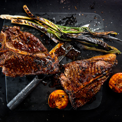 Paprika-butter-basted t-bone with coriander cream white beans