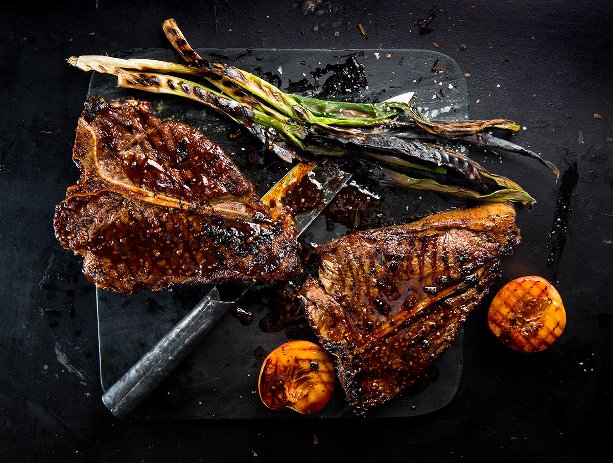 Paprika-butter-basted t-bone with coriander cream white beans recipe