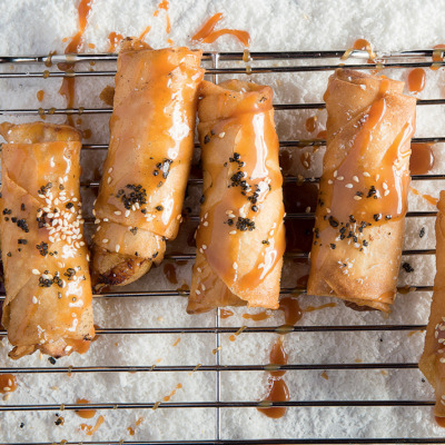 Sesame banana spring rolls with salted caramel sauce