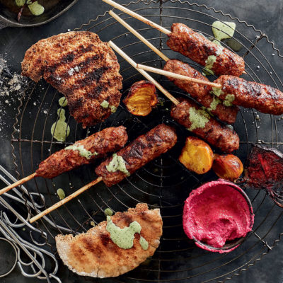 Beef koftas with beetroot hummus and charred pita bread