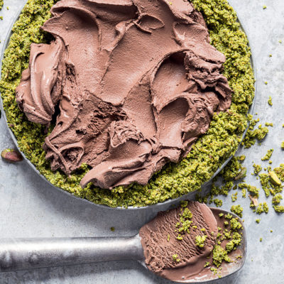 Chocolate, matcha and pistachio ice-cream pie