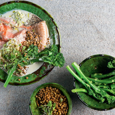 Garlic-poached salmon with Tenderstem broccoli