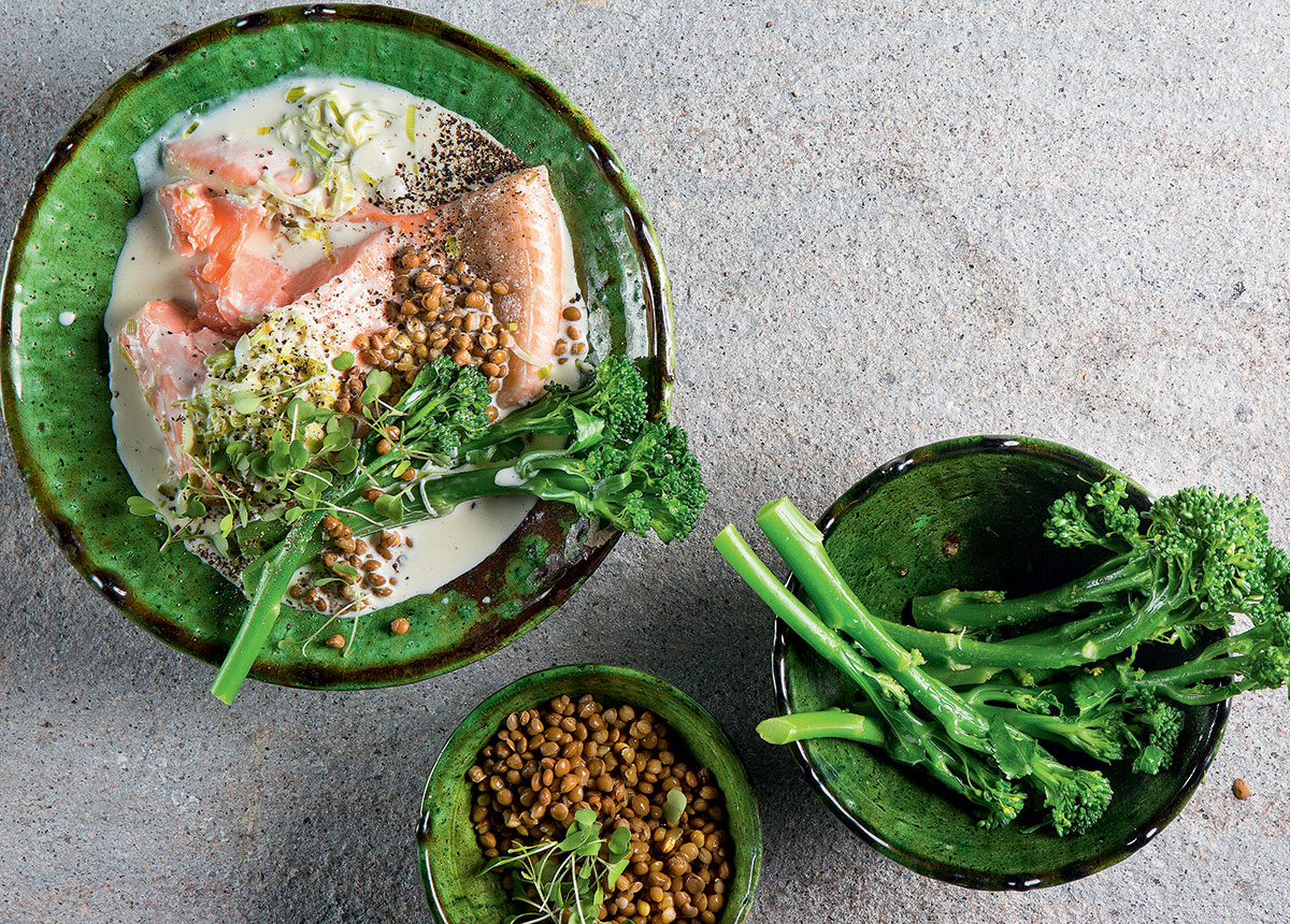 Garlic-poached salmon with Tenderstem broccoli recipe