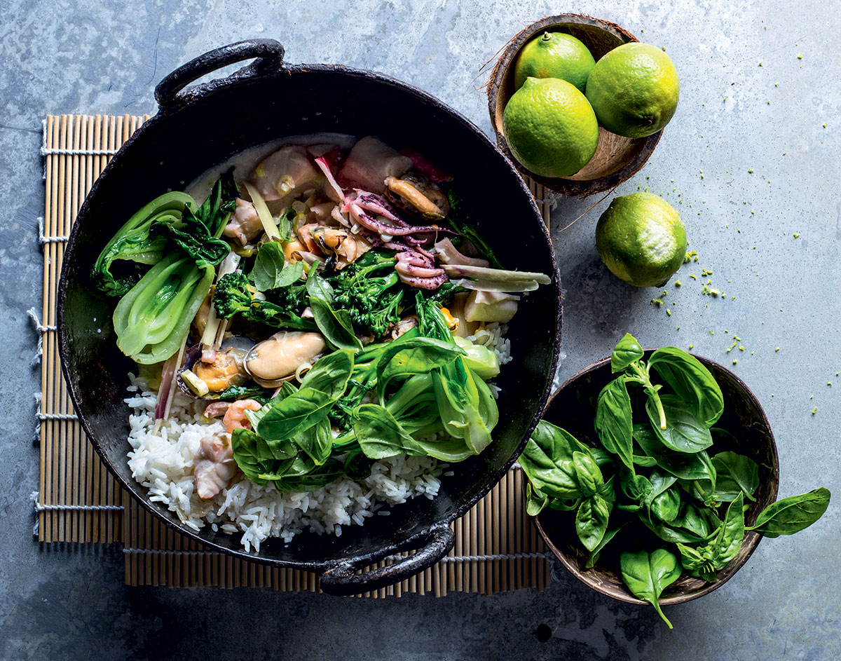 Coconut seafood and Asian greens stir-fry recipe