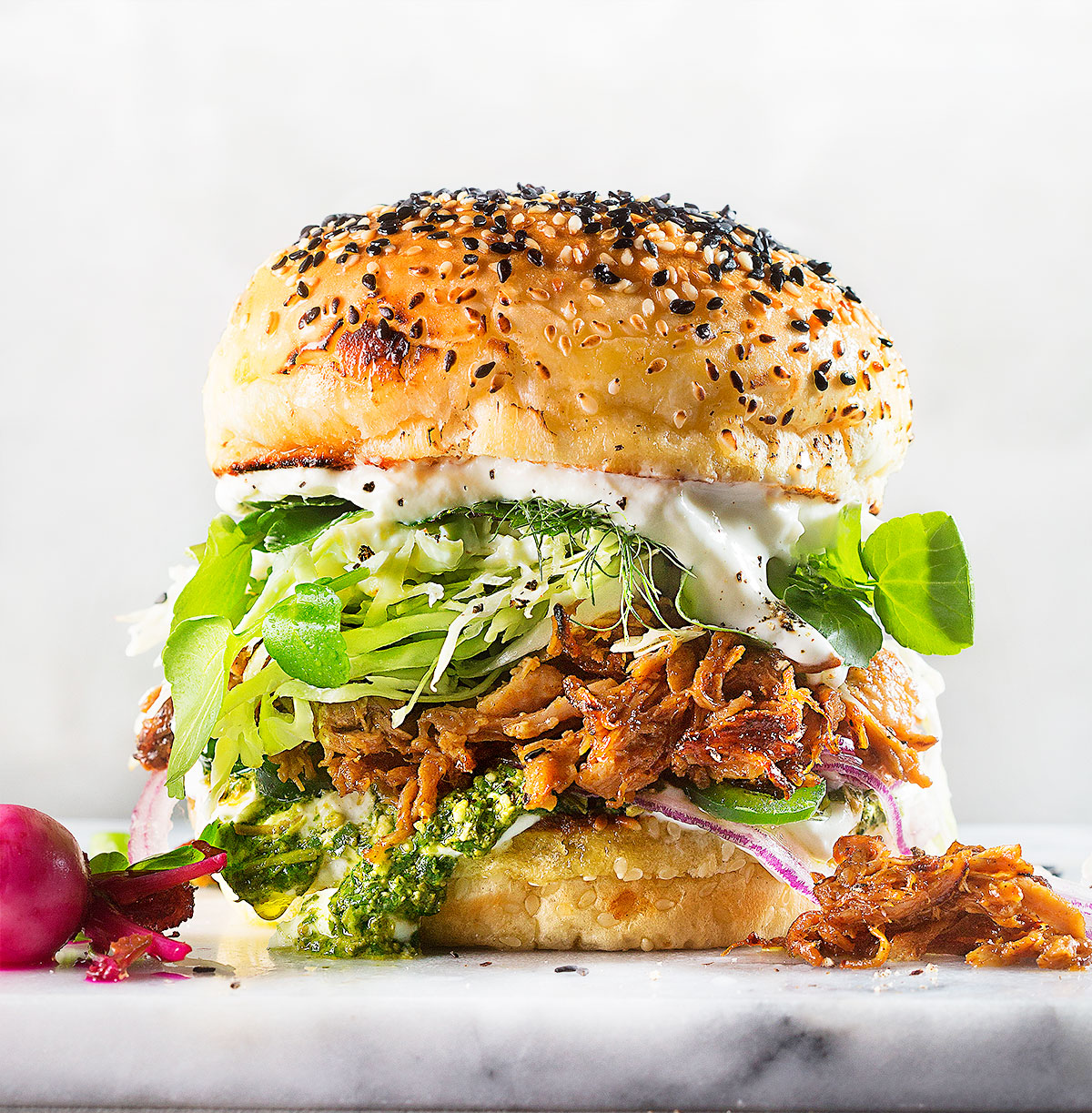 Cuban pulled-pork buns with pickled radishes recipe