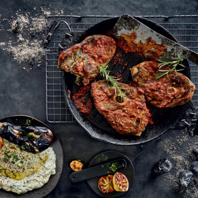 Sumac-braaied lamb chops with burnt brinjal dip