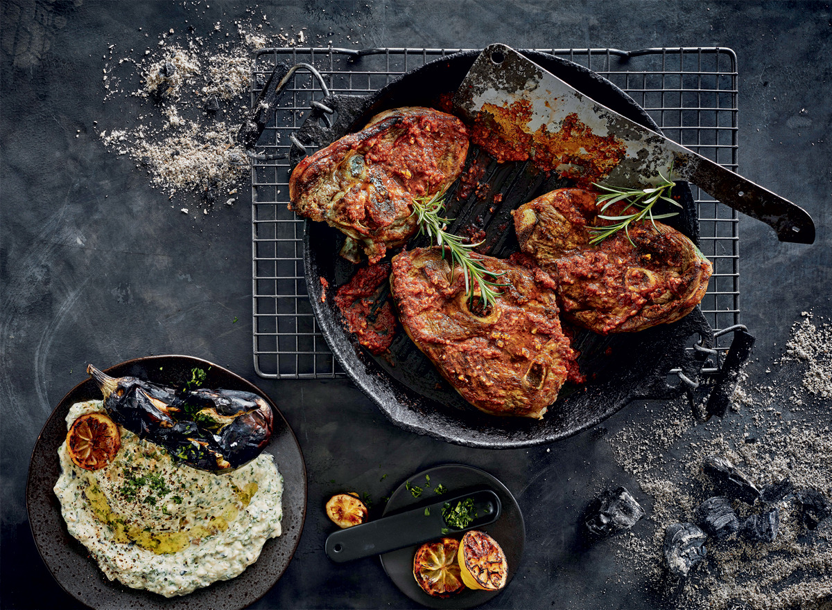 Sumac braaied lamb chops with burnt brinjal dip recipe