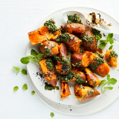 Sweet-potato salad with braaied garlic and salsa verde