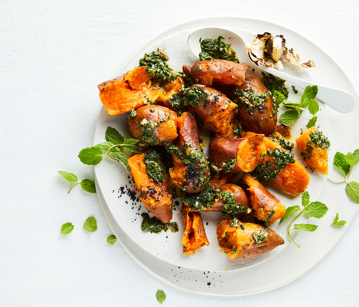 Sweet-potato salad with braaied garlic and salsa verde recipe