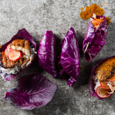 Cabbage leaf wraps with crispy pork