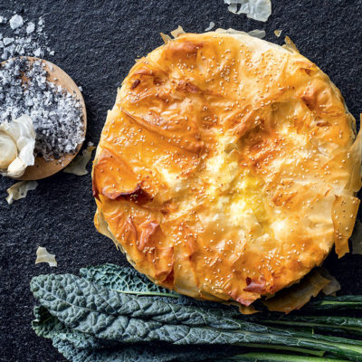 Leftover cheese, broccoli leaf and ham phyllo pie